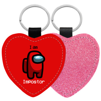 Among US i am impostor, Μπρελόκ PU δερμάτινο glitter καρδιά ΡΟΖ