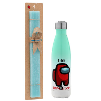 Among US i am impostor, Easter Set, Metallic green/white thermos (Stainless steel), double-walled, 500ml & scented flat Easter candle (30cm) (TURQUOISE)