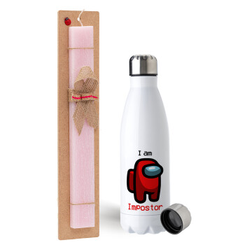 Among US i am impostor, Easter Set, metallic stainless steel water bottle (750ml) & scented flat Easter candle (30cm) (PINK)