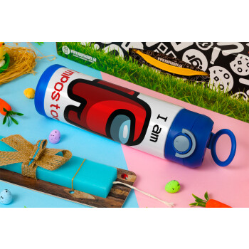 Among US i am impostor, Easter candle, Childrens hot water bottle, stainless steel, with safety straw, BLUE (500ml)