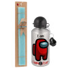 Easter Set, metallic silver aluminum water bottle (500ml) & scented flat Easter candle (30cm) (TURQUOISE)