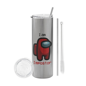 Among US i am impostor, Eco friendly stainless steel Silver tumbler 600ml, with metal straw & cleaning brush