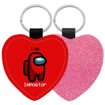 Among US i am impostor, Μπρελόκ PU δερμάτινο glitter καρδιά ΡΟΖ