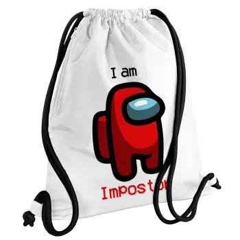 Among US i am impostor, Backpack pouch GYMBAG white, with pocket (40x48cm) & thick cords