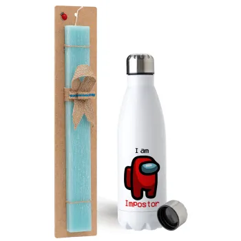 Among US i am impostor, Easter Set, metallic stainless steel water bottle (750ml) & aromatic flat Easter candle (30cm) (TURQUOISE)