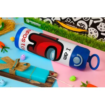 Among US i am impostor, Easter candle, Childrens hot water bottle, stainless steel, with safety straw, BLUE (500ml)