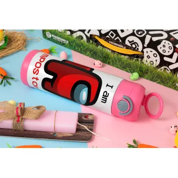 Among US i am impostor, Easter candle, Childrens hot water bottle, stainless steel, with safety straw, PINK (500ml)