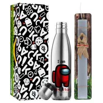 Among US i am impostor, Easter Set, metallic stainless thermos flask (500ml) & scented flat Easter candle (30cm) (GRAY)