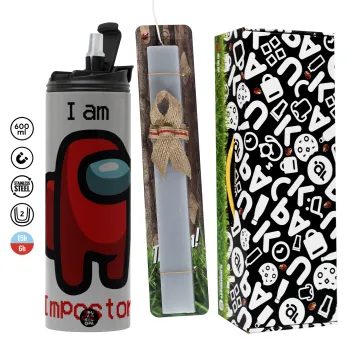Among US i am impostor, Easter candle with Grey Tumbler Thermo 600ml & aromatic flat candle (30cm) (GREY)