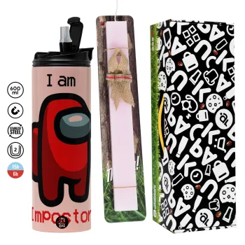 Among US i am impostor, Easter candle,Travel Tumbler 2 Lids, with metal straw & cleaning brush & aromatic flat candle (30cm) (PINK)