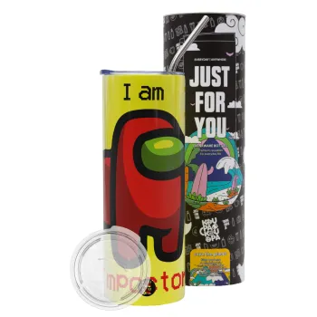 Among US i am impostor, Neon Yellow Travel Tumbler θερμό, μεταλλικό καλαμάκι(Ανωξείδωτο 304 Food grade, BPA free, 600ml)