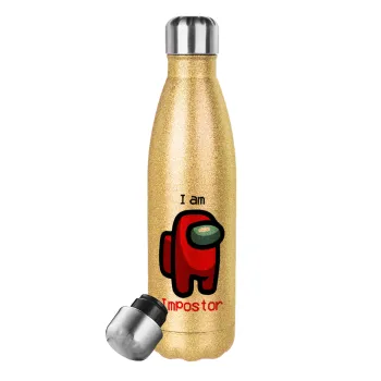 Among US i am impostor, Μεταλλικό παγούρι θερμός Glitter χρυσό (Stainless steel), διπλού τοιχώματος, 500ml