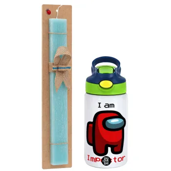 Among US i am impostor, Easter Set, Children's thermal stainless steel bottle with safety straw, green/blue (350ml) & aromatic flat Easter candle (30cm) (TURQUOISE)