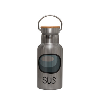 Among US SUS!!!, Stainless steel metallic thermos flask, silver with a bamboo lid, double-walled, 350ml.
