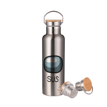 Among US SUS!!!, Stainless steel Silver with wooden lid (bamboo), double wall, 750ml