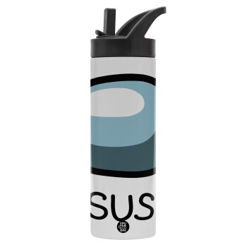 Among US SUS!!!, Metallic thermos bottle with straw & handle, stainless steel (Stainless steel 304), double-walled, 600ml.