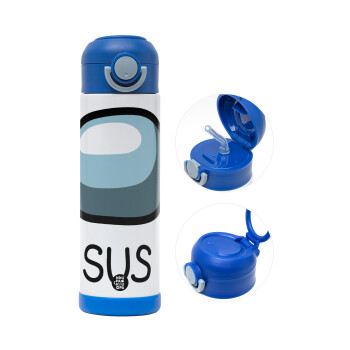 Among US SUS!!!, Children's hot water bottle, stainless steel, with safety straw, BLUE (500ml)