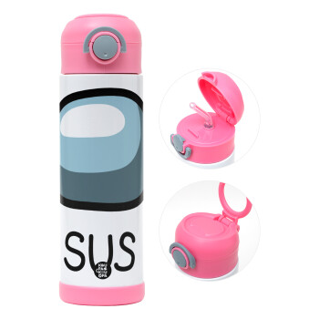 Among US SUS!!!, Children's hot water bottle, stainless steel, with safety straw, PINK (500ml)
