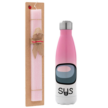Among US SUS!!!, Easter Set, Metallic pink/white (Stainless steel) thermos, double-walled, 500ml & aromatic flat Easter candle (30cm) (PINK)
