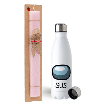 Among US SUS!!!, Easter Set, metallic stainless steel water bottle (750ml) & scented flat Easter candle (30cm) (PINK)