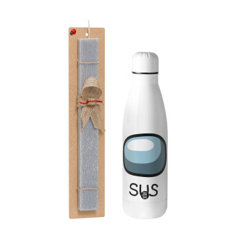 Among US SUS!!!, Easter Set, metallic stainless thermos bottle (500ml) & scented flat Easter candle (30cm) (GRAY)
