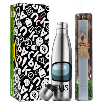 Among US SUS!!!, Easter Set, metallic stainless thermos flask (500ml) & scented flat Easter candle (30cm) (GRAY)