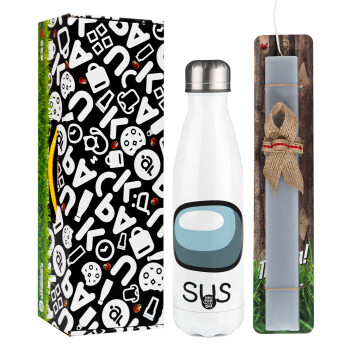 Among US SUS!!!, Easter candle, metallic white thermos bottle (500ml) & aromatic flat candle (30cm) (GRAY)
