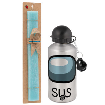 Among US SUS!!!, Easter Set, metallic silver aluminum water bottle (500ml) & scented flat Easter candle (30cm) (TURQUOISE)