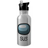 Water bottle Silver with straw, stainless steel 600ml