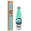 Easter Set, Metallic green/white thermos (Stainless steel), double-walled, 500ml & scented flat Easter candle (30cm) (TURQUOISE)