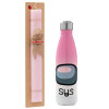 Easter Set, Metallic pink/white (Stainless steel) thermos, double-walled, 500ml & aromatic flat Easter candle (30cm) (PINK)
