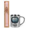 Easter Set, metallic thermal cup (300ml) & aromatic flat Easter candle (30cm) (PINK)