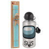 Easter Set, metallic silver aluminum water bottle (500ml) & scented flat Easter candle (30cm) (TURQUOISE)