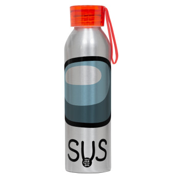 Among US SUS!!!, Αλουμινένιο Αθλητικό Μπουκάλι 650ml – Ασημί με Κόκκινο Καπάκι και Λουράκι Σιλικόνης
