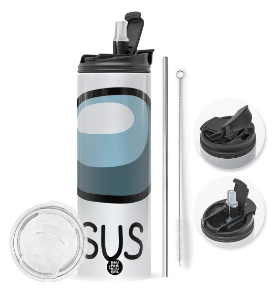 Among US SUS!!! — Travel Tumbler 2 Lids, with metal straw & cleaning brush (Stainless steel 304 Food grade, BPA free, 600ml)
