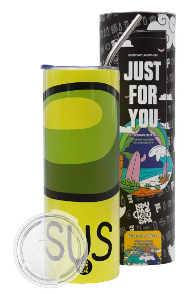 Among US SUS!!! — Neon Yellow Travel Tumbler θερμό, μεταλλικό καλαμάκι(Ανωξείδωτο 304 Food grade, BPA free, 600ml)