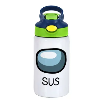 Among US SUS!!!, Children's hot water bottle, stainless steel, with safety straw, green, blue (350ml)