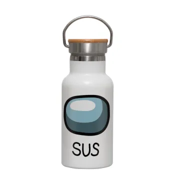Among US SUS!!!, Metallic thermos (Stainless steel) White with wooden lid (bamboo), double-walled, 350ml