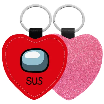 Among US SUS!!!, Μπρελόκ PU δερμάτινο glitter καρδιά ΡΟΖ