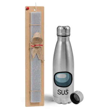 Among US SUS!!!, Easter Set, metallic Inox water bottle (750ml) & aromatic flat Easter candle (30cm) (GRAY)