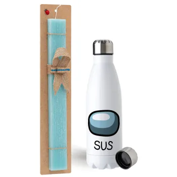Among US SUS!!!, Easter Set, metallic stainless steel water bottle (750ml) & aromatic flat Easter candle (30cm) (TURQUOISE)