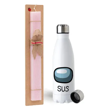 Among US SUS!!!, Easter Set, metallic stainless steel water bottle (750ml) & scented flat Easter candle (30cm) (PINK)