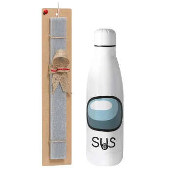 Among US SUS!!!, Easter Set, metallic stainless thermos bottle (500ml) & scented flat Easter candle (30cm) (GRAY)