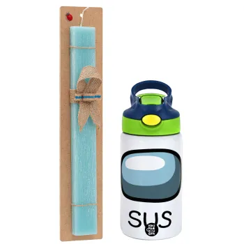 Among US SUS!!!, Easter Set, Children's thermal stainless steel bottle with safety straw, green/blue (350ml) & aromatic flat Easter candle (30cm) (TURQUOISE)