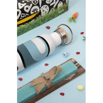 Among US SUS!!!, Easter Set, metallic silver aluminum water bottle (500ml) & scented flat Easter candle (30cm) (TURQUOISE)