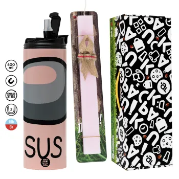 Among US SUS!!!, Easter candle,Travel Tumbler 2 Lids, with metal straw & cleaning brush & aromatic flat candle (30cm) (PINK)