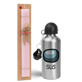 Among US SUS!!!, Easter Set, metallic Silver aluminum water bottle (500ml) & scented flat Easter candle (30cm) (PINK)