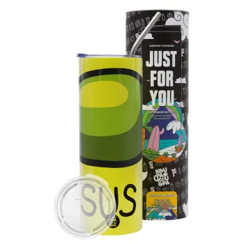 Among US SUS!!!, Neon Yellow Travel Tumbler θερμό, μεταλλικό καλαμάκι(Ανωξείδωτο 304 Food grade, BPA free, 600ml)