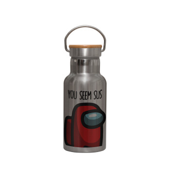 Among US, you seem sus, Stainless steel metallic thermos flask, silver with a bamboo lid, double-walled, 350ml.
