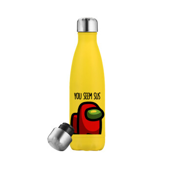 Among US, you seem sus, Yellow Stainless Steel Metallic Thermos, double-walled, 500ml